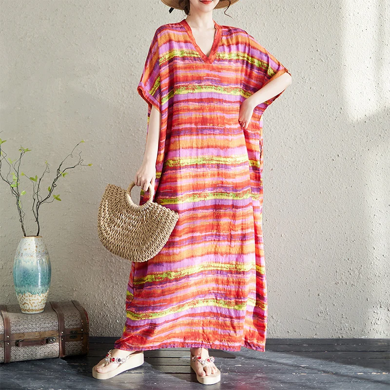 

Summer New Loose Cotton Linen Print V-neck Long Dress Women's Beach Skirt Artistic Style Citywalk Batwing Sleeve Straight Cut