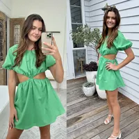 Fashionable Women's Clothing 2022 Summer Fresh Green Dress A- Line Mini Skirt With Sweetheart Collar Amazon Best Seller