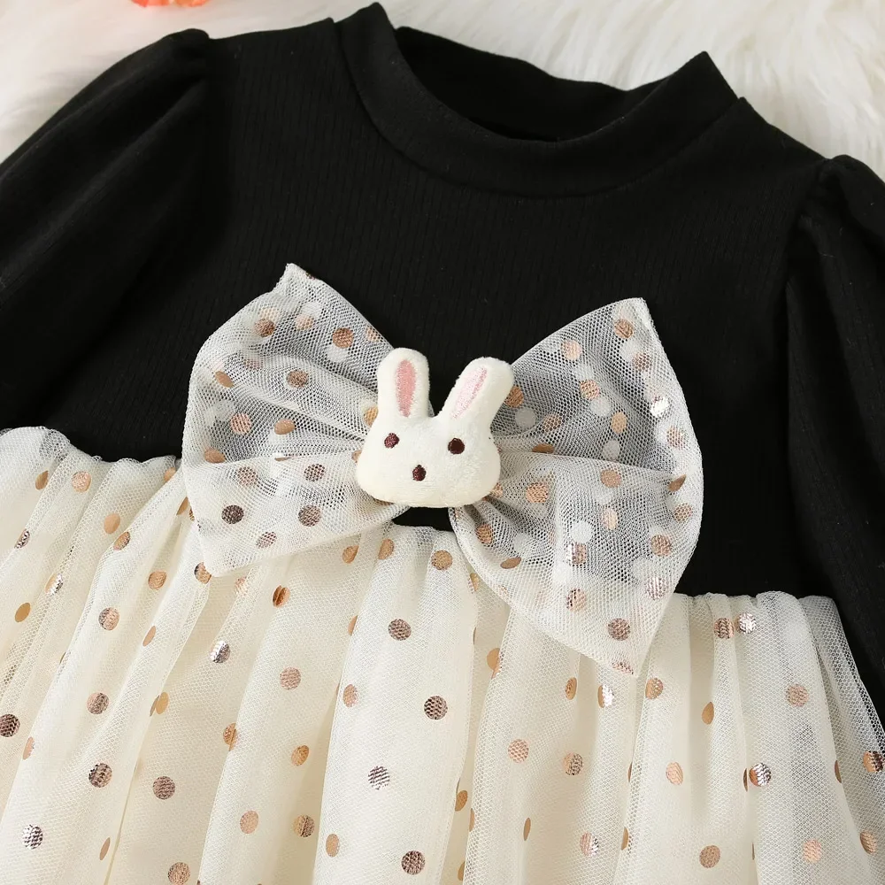 Autumn New Girls Long Sleeve Round Neck Pattern Plush Rabbit Bow Polka Dot A-line Dress (0-3 Years Old Girls)