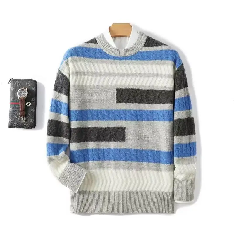 

Свитер из 100% шерсти, мужской свободный свитер больших размеров с круглым вырезом, утолщенный вязаный повседневный деловой топ в тон