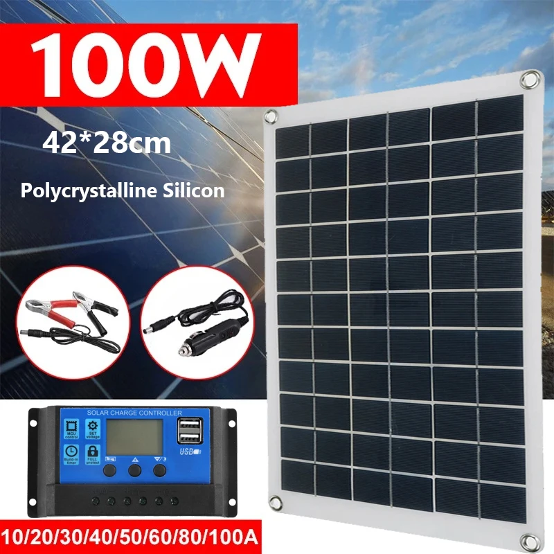 18V Solar Panel 100W With Dual USB Waterproof Outdoor Hiking Camping Portable Battery Mobile Phone Charging Bank Charging Panel