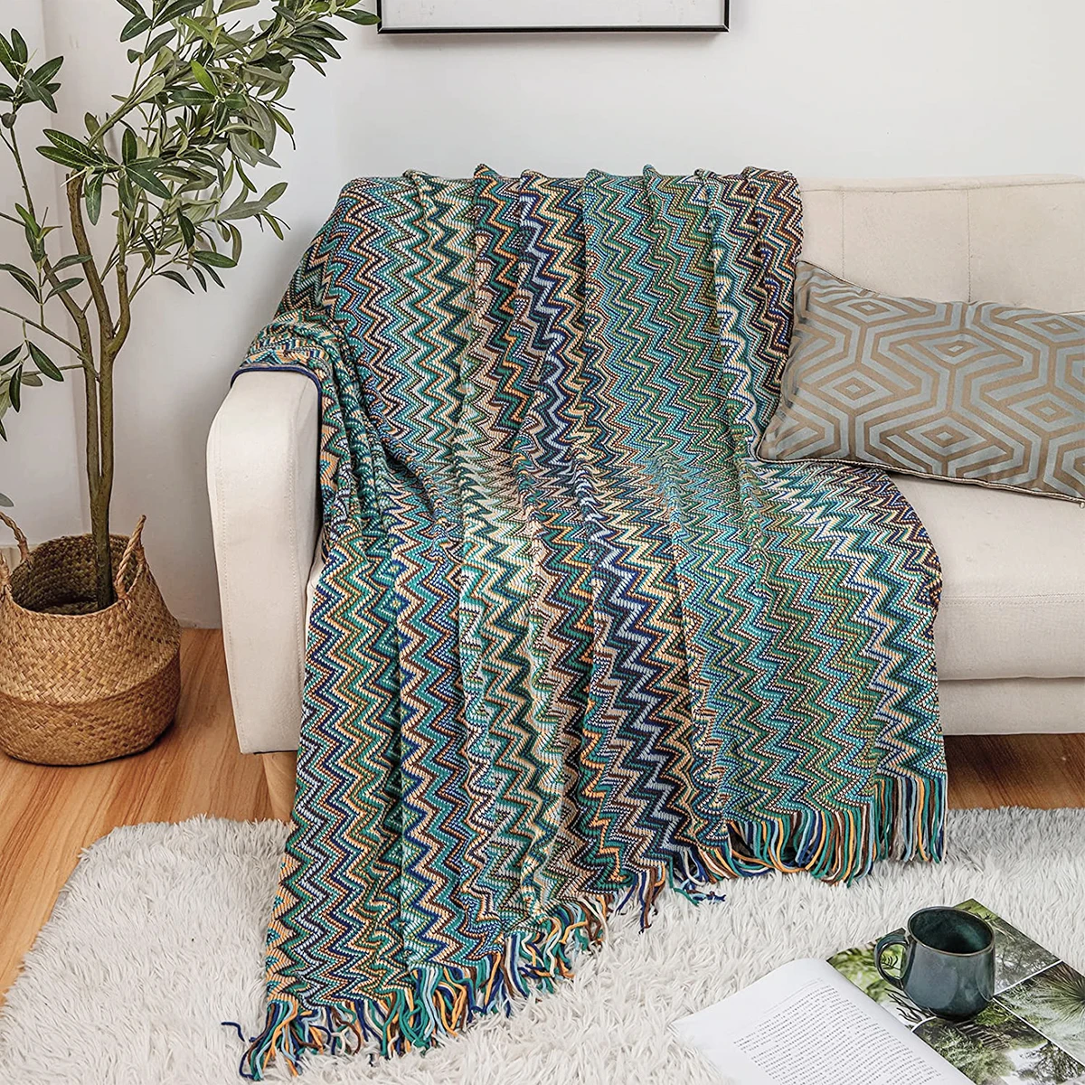 Battilo Boho Throw Blanket Lightweight Knit Throw With Tassels Bohemian woven Sofa Blankets Soft Bed Plaid Decorative Blanket