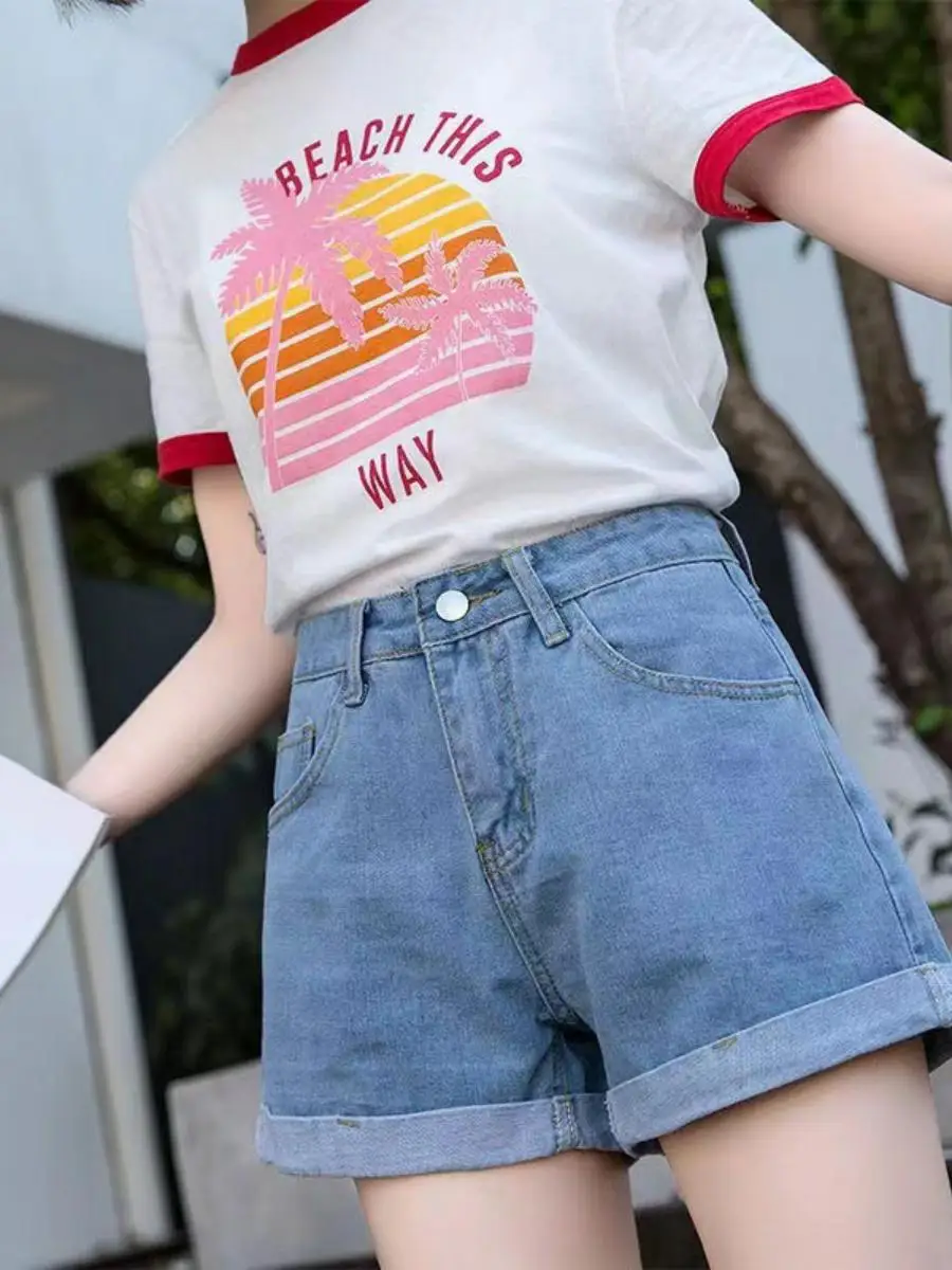 High Waist Black Denim Shorts Women Summer Student Cuffed Loose Slim A-Line Wide Leg Pants Trendy Hot Korean Version