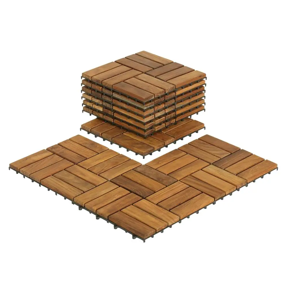 Solid Teak Wood Interlocking Flooring Tiles Pack of 10 Easy DIY Indoor Outdoor Application Durable Natural Material 12x12 Inches