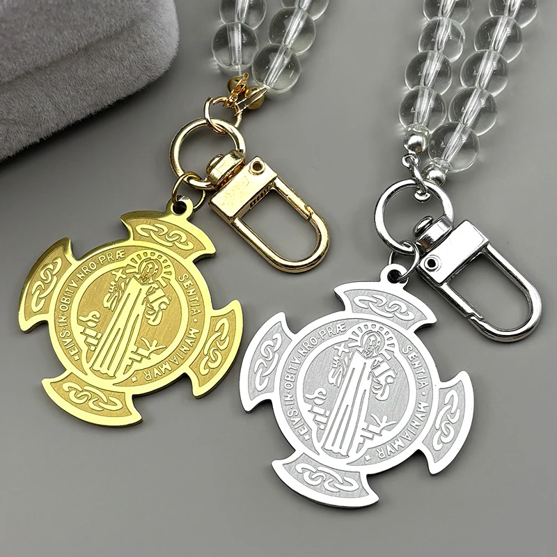 الكاثوليكية سانت بنديكت وسام الفولاذ المقاوم للصدأ الصليب سيارة قلادة للنساء الرجال الذهب اللون الزجاج سلسلة تميمة مجوهرات سانيتو