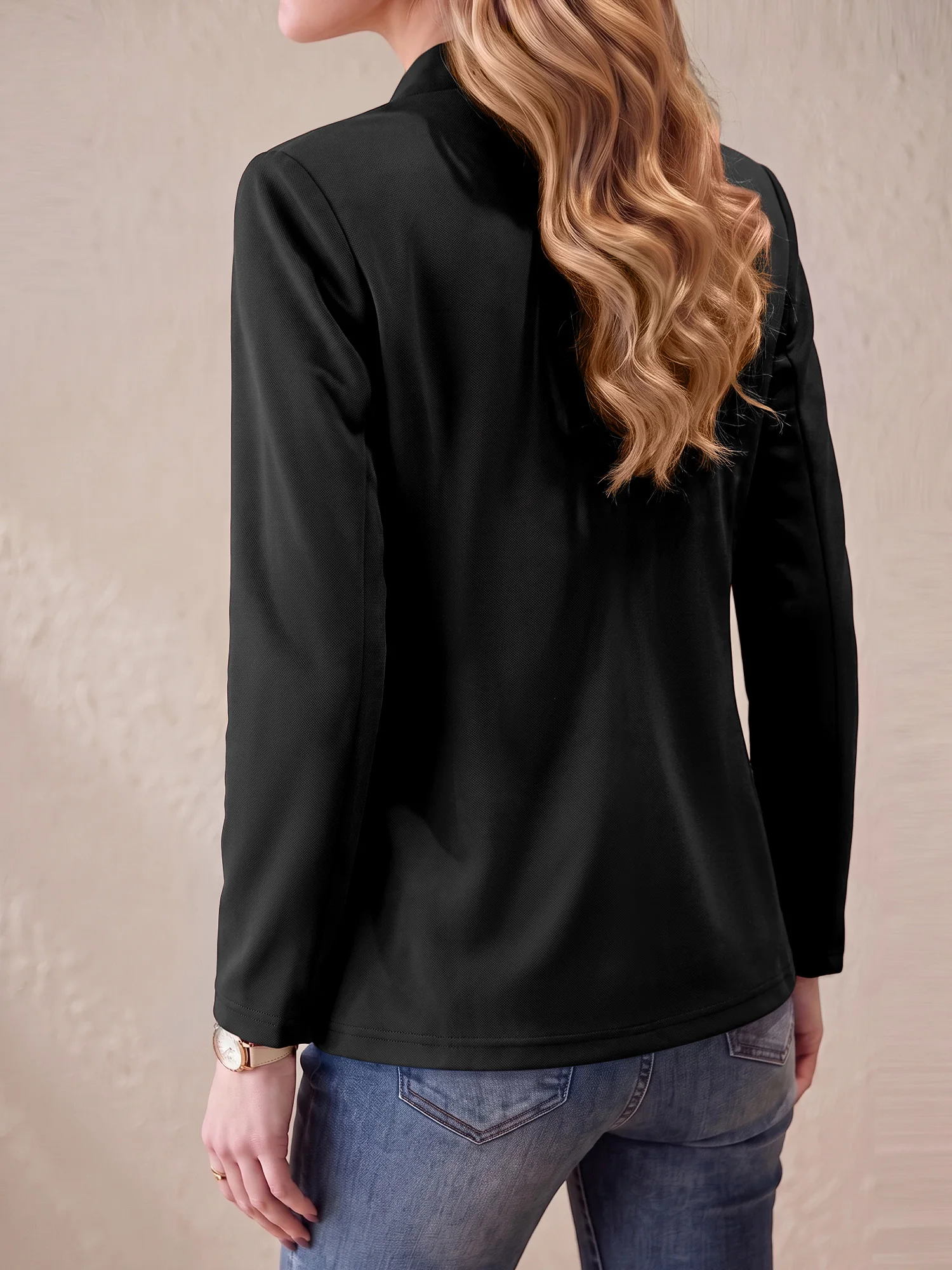 Ladies Solid Color Mandarin Collar Open Front Blazer Slim Long Sleeve Elegant Daily Wear Suit Jacket