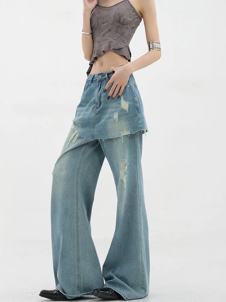 American Retro Oversized High Waist Jeans For Women Casual Baggy Y2K Wide Leg Pants Grunge Street Light Blue Denim Trouser