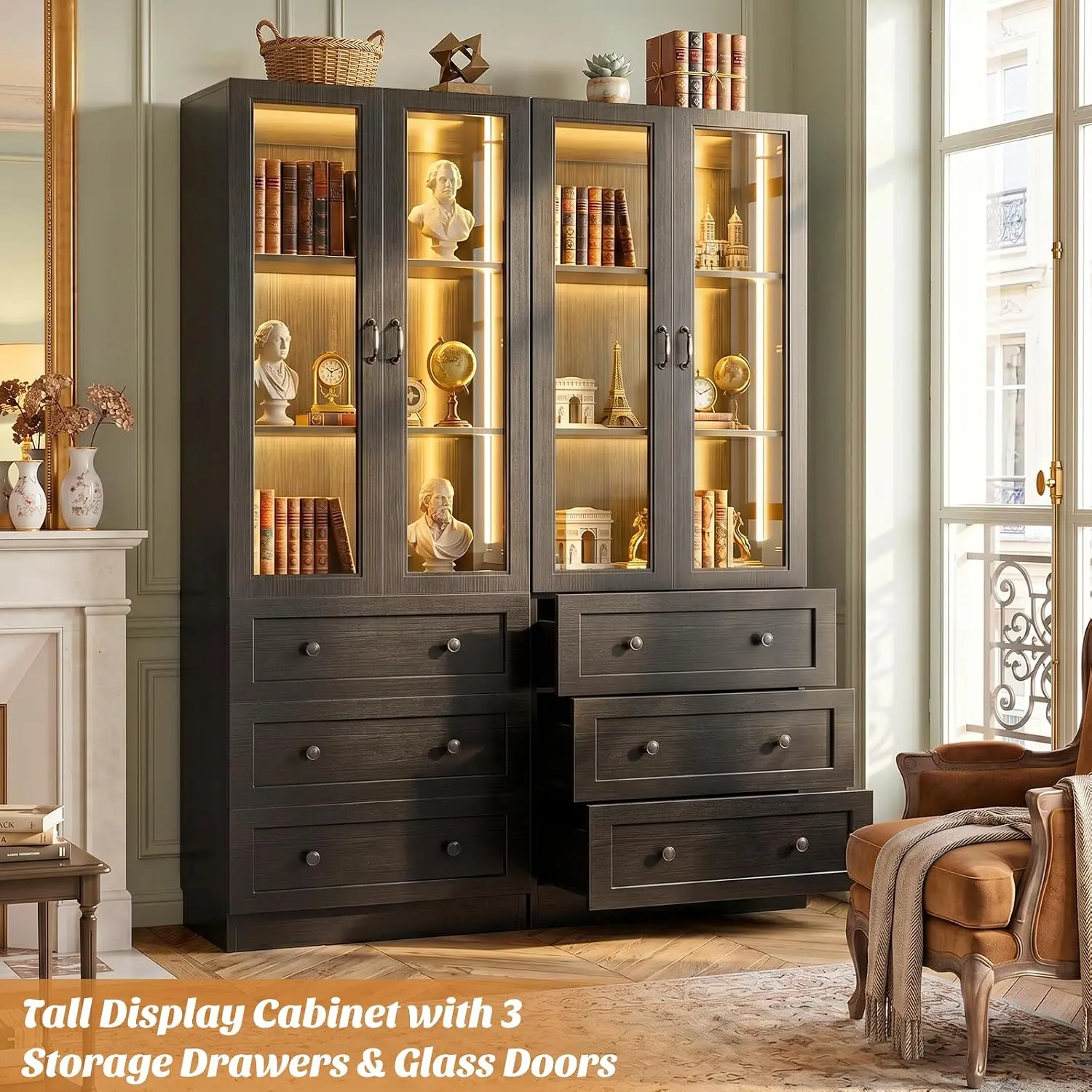 Tall Glass Cabinet with LED Lights & 3 Drawers, 6 Tier Curio Cabinet for Bedroom Living Room Office, Black, Customized