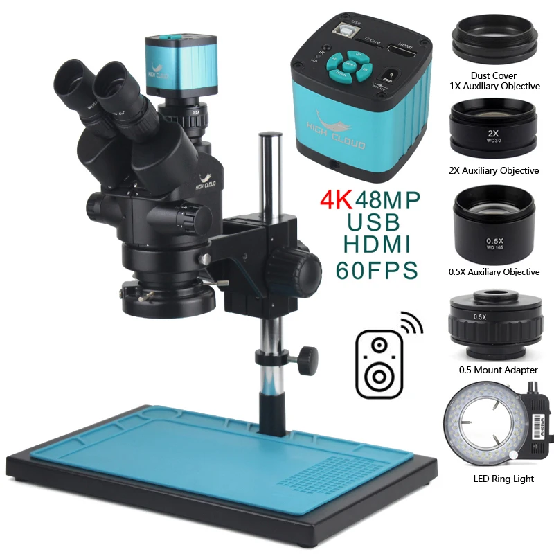 3.5-90X Zoom Trinocular Stereo Microscope Set + 2K 4K 48MP 55MP HDMI USB Pype-C VGA  TF Video Camera + Auxiliary Objective Lens