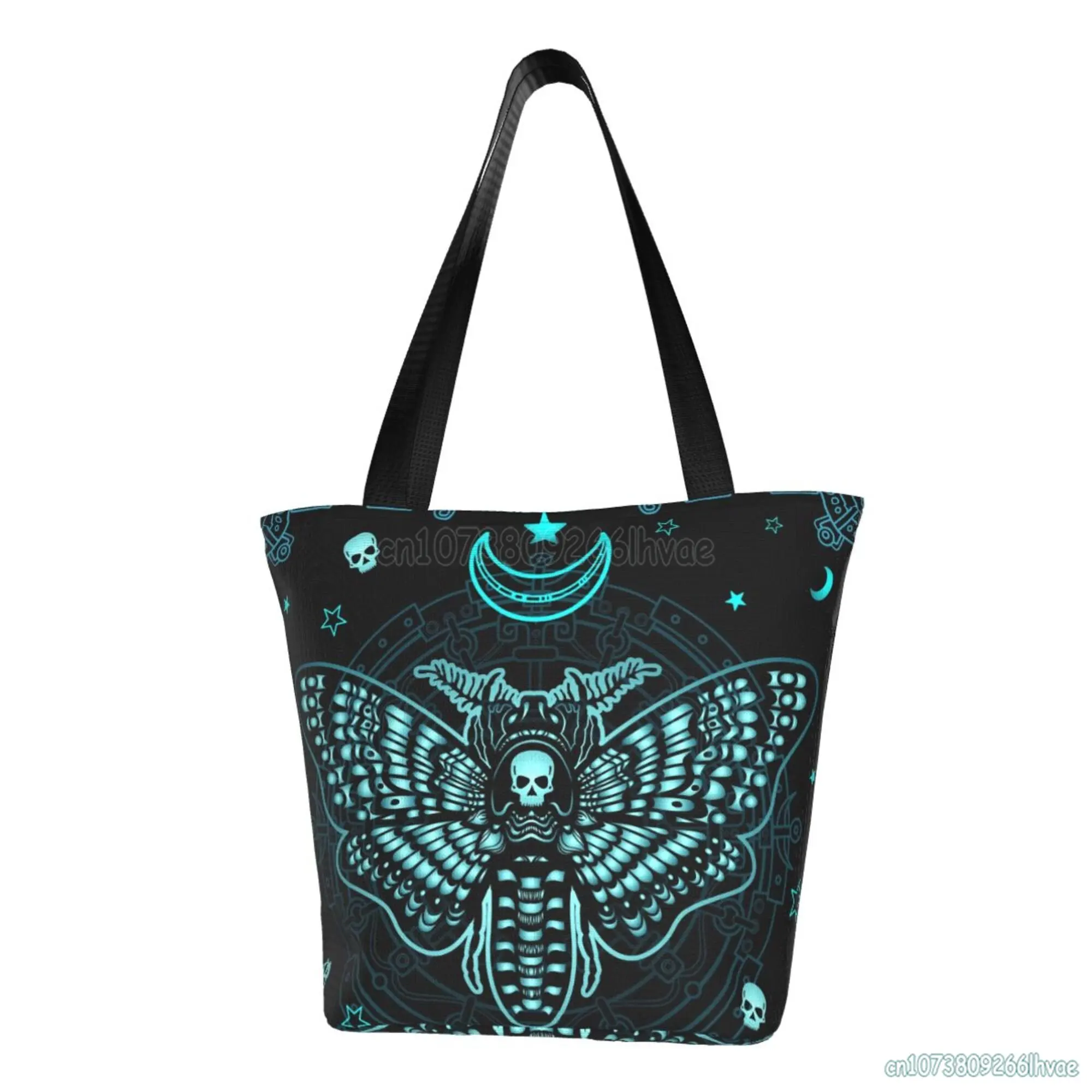 Black Skull Moth Storage Handbag Extra Large Canvas Beach Travel Reusable Grocery Shopping Tote Bag Unisex Portable Shoulder Bag