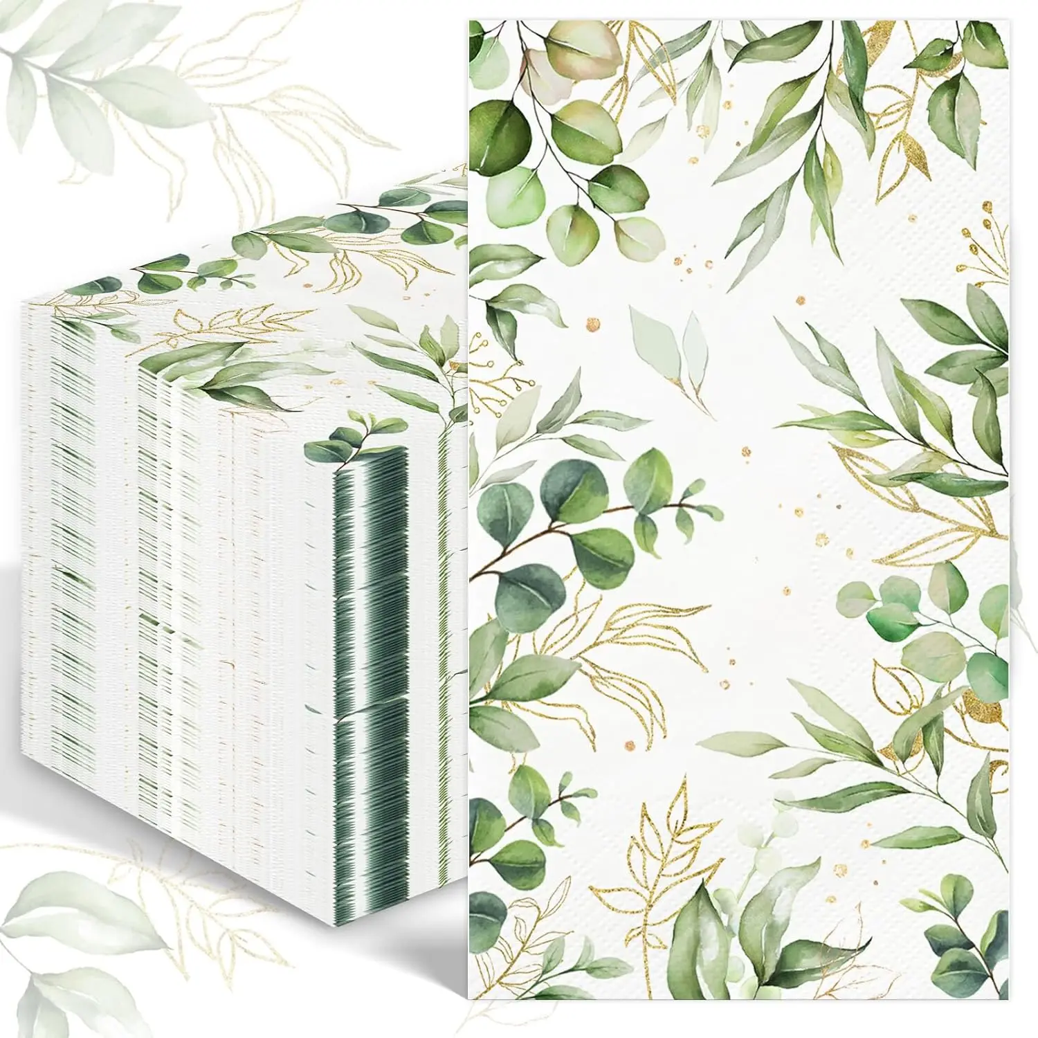 

100 шт. зеленых одноразовых бумажных салфеток с узором из листьев эвкалипта, 3-слойные, для ванной комнаты и декора вечеринок