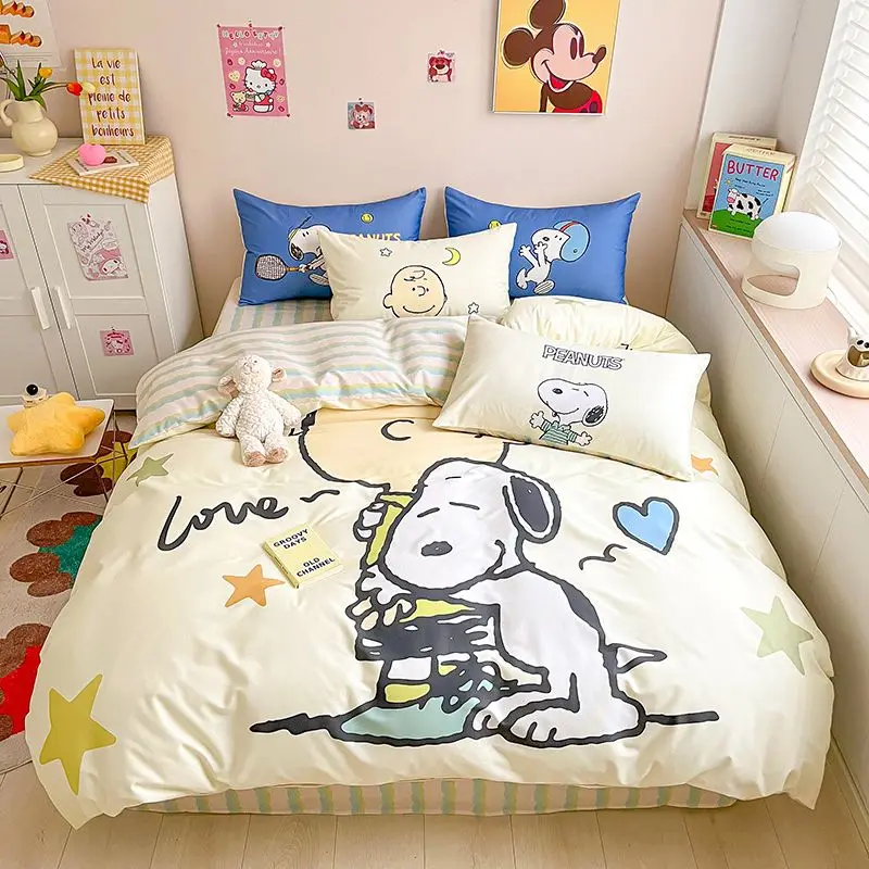 

Комплект из четырех предметов с рисунком Снупи, пододеяльник из чистого хлопка, простыня, наволочка с милым мультяшным принтом, комплект из трех предметов, постельное белье, подарок