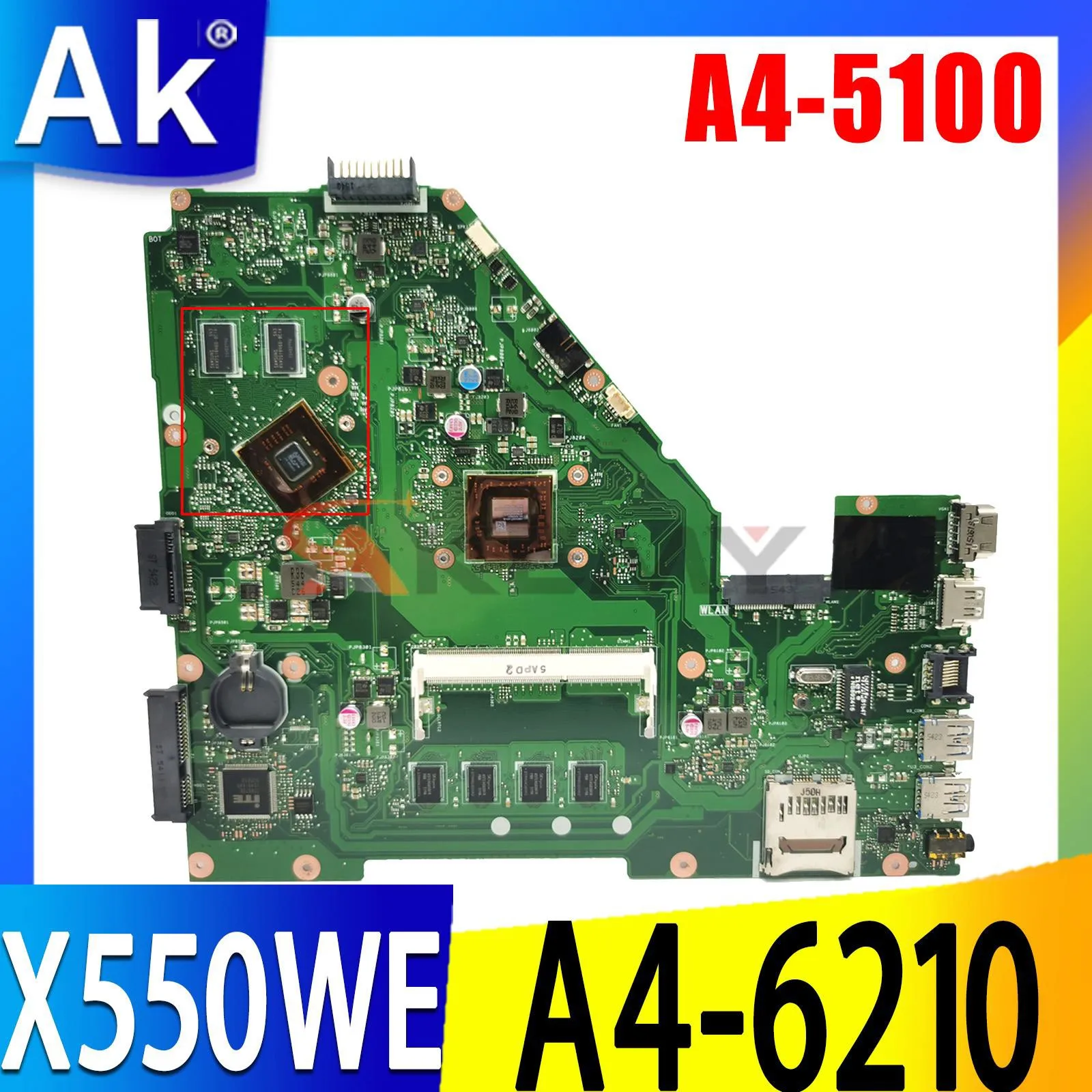 

Shenzhen X550WE Laptop Motherboard with A4-5100 A4-6210 CPU 4GB RAM For ASUS X550WE X550WEK X550WAK X552W X550WA