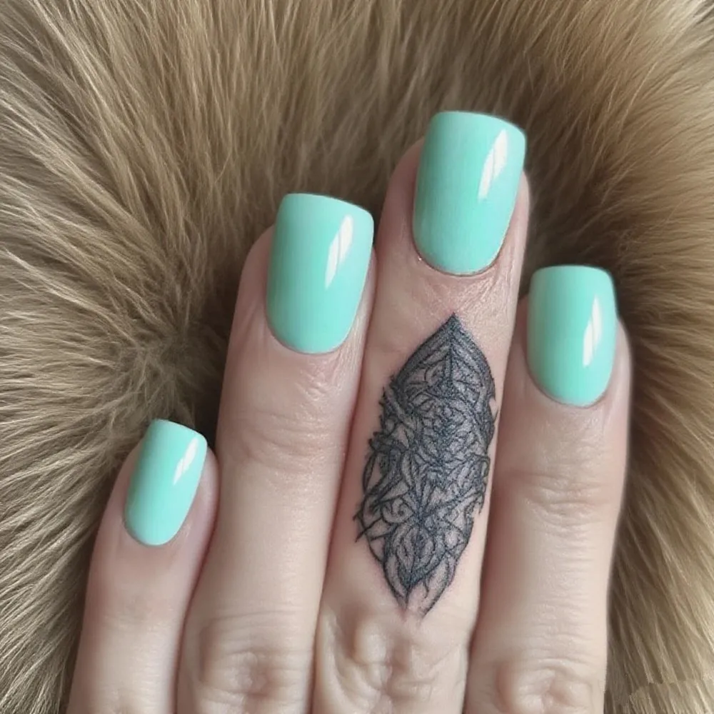 48Pcs Shiny Mint Green Acrylic Press On Nails With Glue Short Square Fake Nail DIY Woman Full Cover Finger Tip Manicure Tool