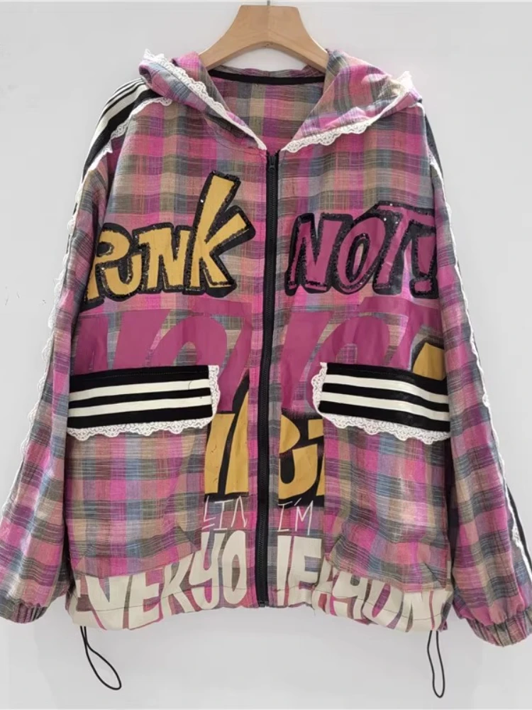 European Trendy Brand Hoodies 2025 Summer Loose Large Version Color Matching Hooded Plaid Cartoon Sunscreen Jacket Women's Top