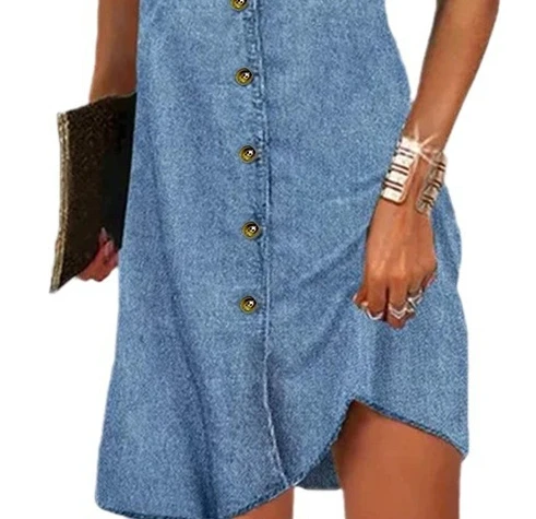 الملابس النسائية الخامس الرقبة واحدة الصدر خمر الدنيم اللباس قصيرة الأكمام فستان القميص الرجعية