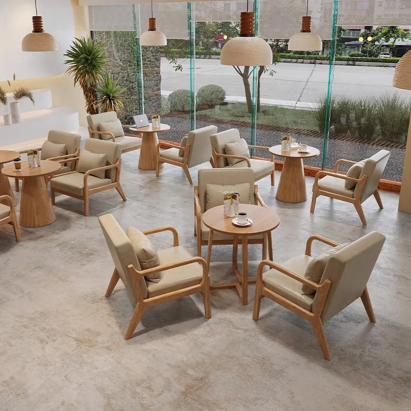 Single Sofa Chair Solid Wood Table Chair Set Coffee Shop Milk Tea Dessert Store B&B Hotel Leisure Reception Furniture
