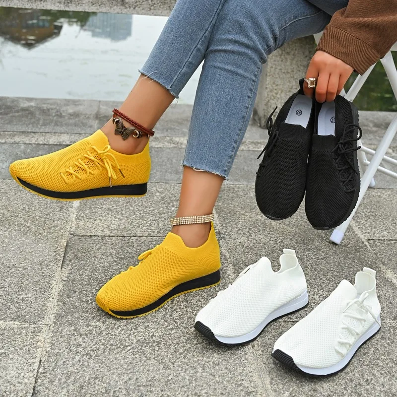 Yellow Sneakers for Women 2025 New Casual Knitted Breathable Comfort Elastic Jogging Trainer Wedges Vulcanized Shoe