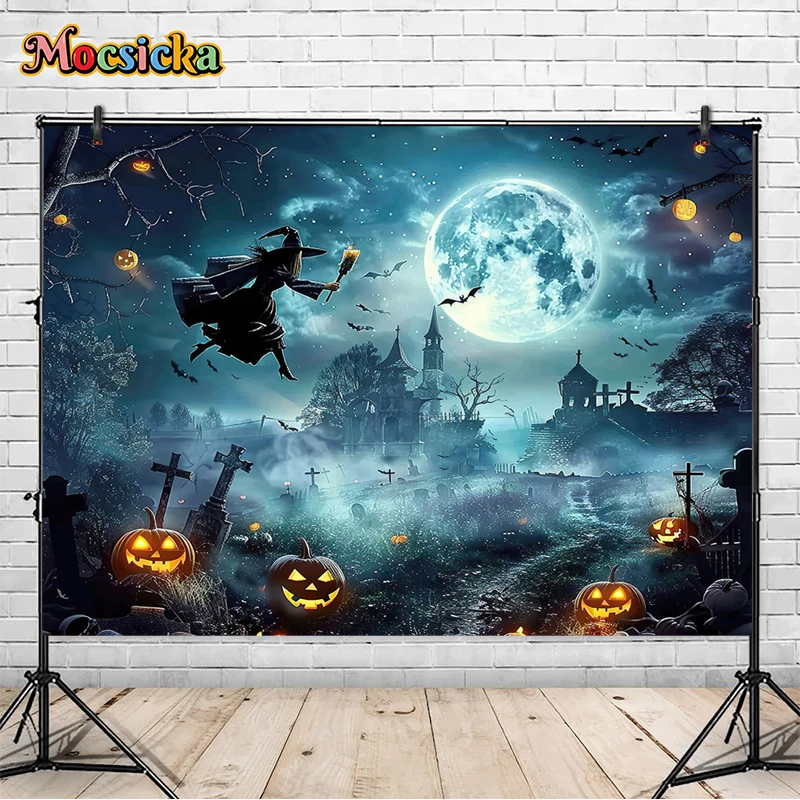 

Halloween Photography Background Pumpkin Decor Witch Scary Night Party Photophone Kid Adult Family Portrait Backdrop Props