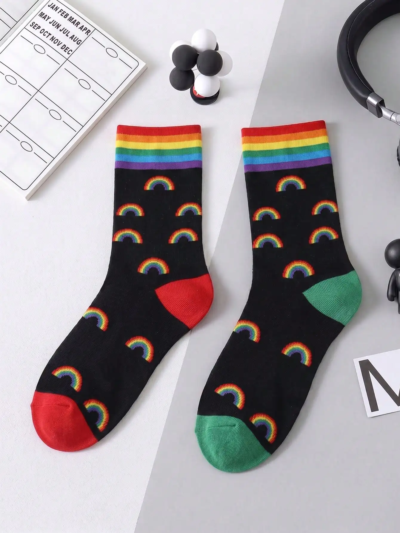 3 Pairs of Black Lgbtq Pride Mid-Calf Socks, Rainbow Gradient Letter Print, Striped Knit Cuff Casual Street Style Mid-Calf Socks
