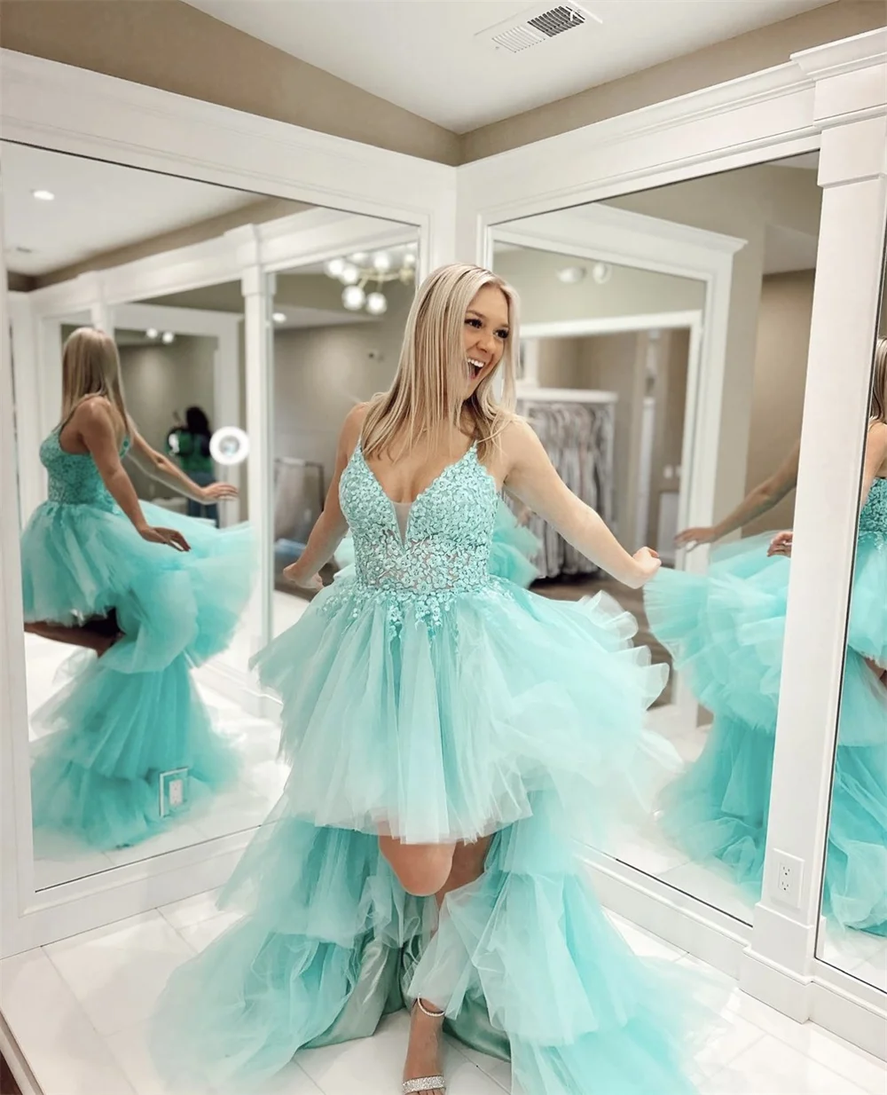 Annie 3D Hand Applique Prom Dresses Multiple Layers Of High And Low Tulle Evening Dress V-neck Light Blue 2023 Vestidos De Noche