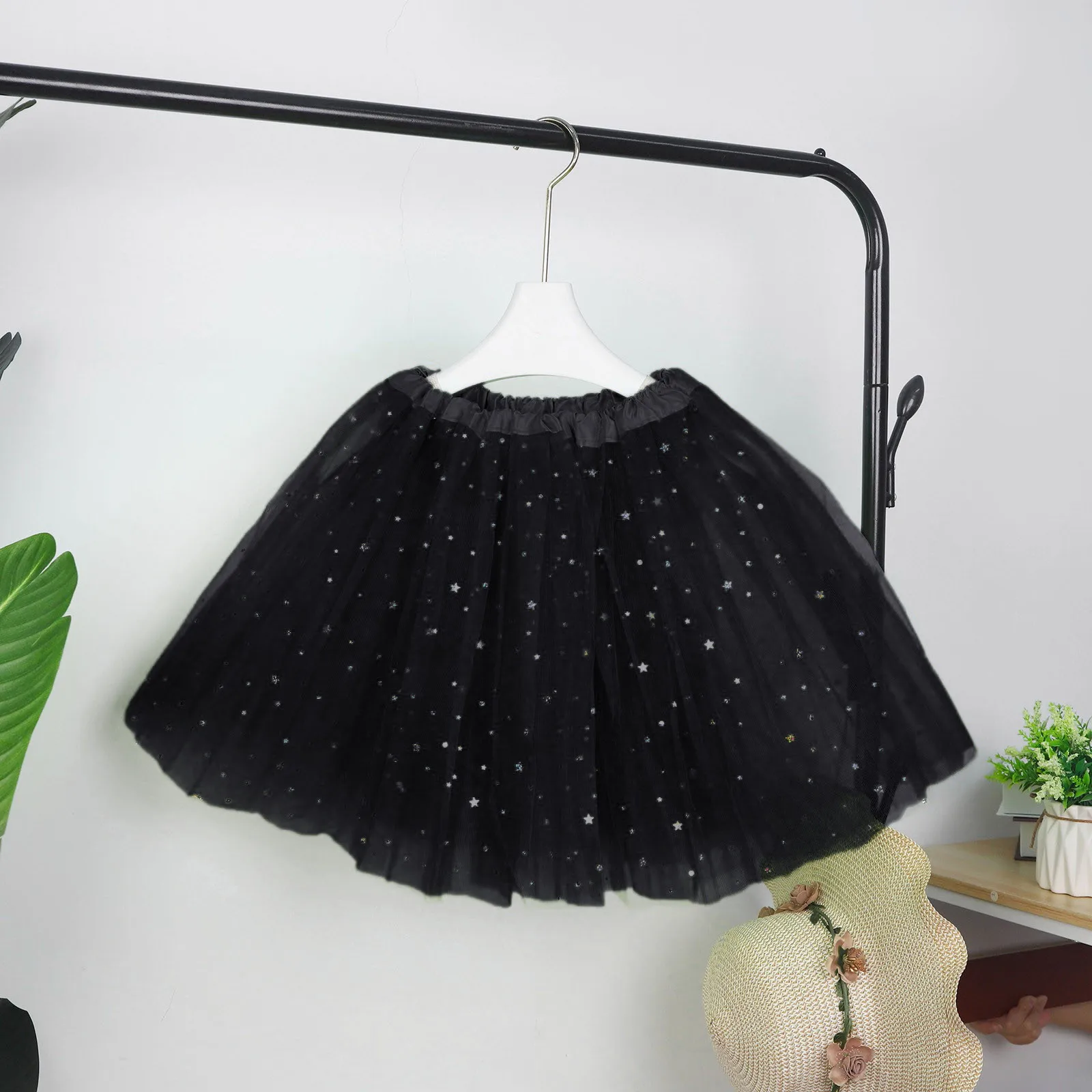 

Star Sequin Multi-Layer Mesh Tutu Skirt Women Elastic Low Waisted Stage A-Line Skirts Solid Color Performance Puffy Skirt