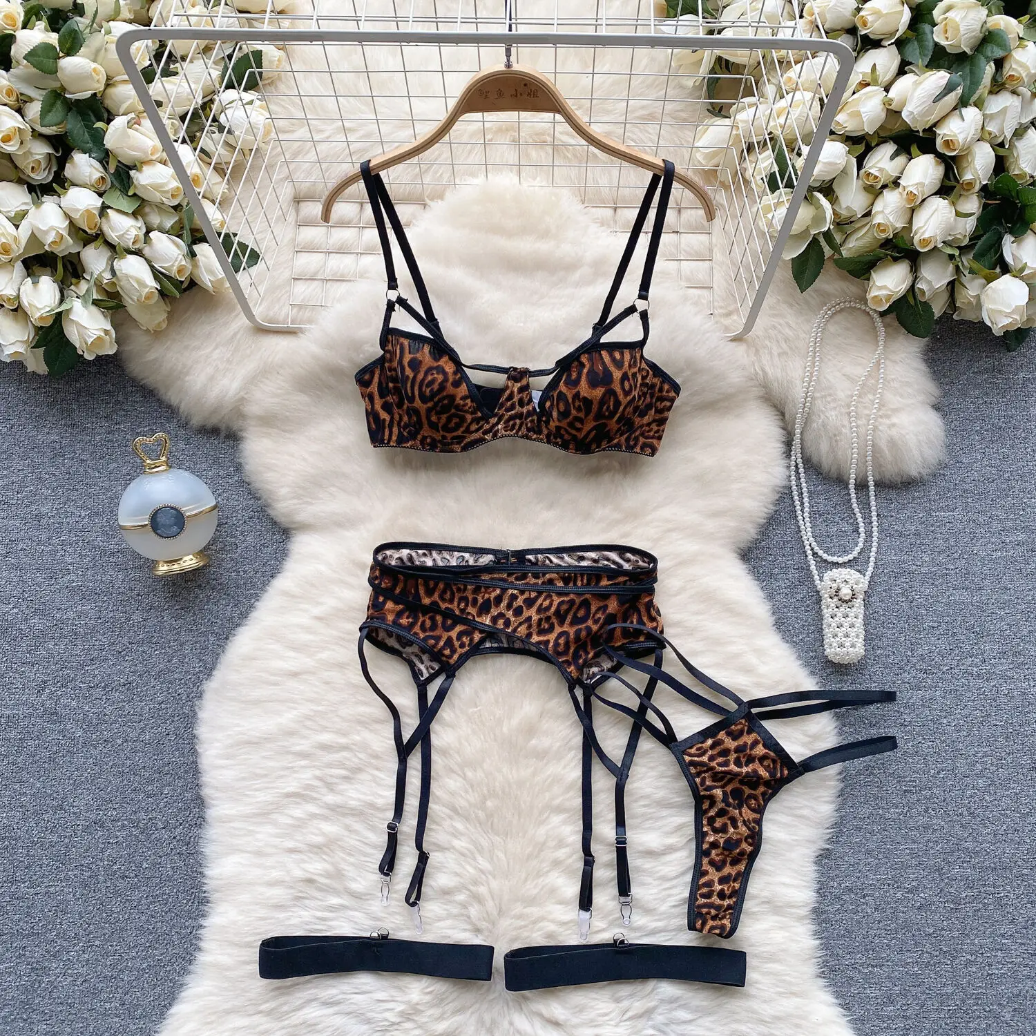 Foamlina Sexy Leopard Print Lingerie Sets for Women Fashion Strappy Bra Panty Garter 3 Pieces Suits Sensual Erotic Sets