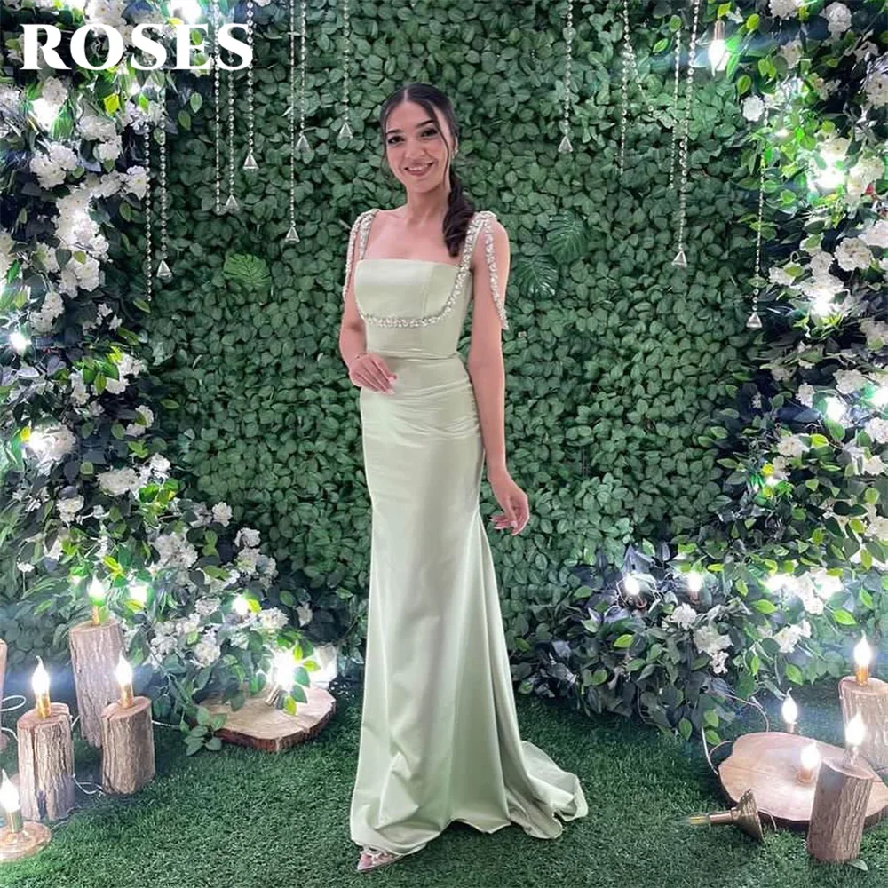 

ROSES Light Mint Green Party Dress Satin Square Neck فساتين السهرة Crystal Shoulder Strap Celebrity Dress Customized