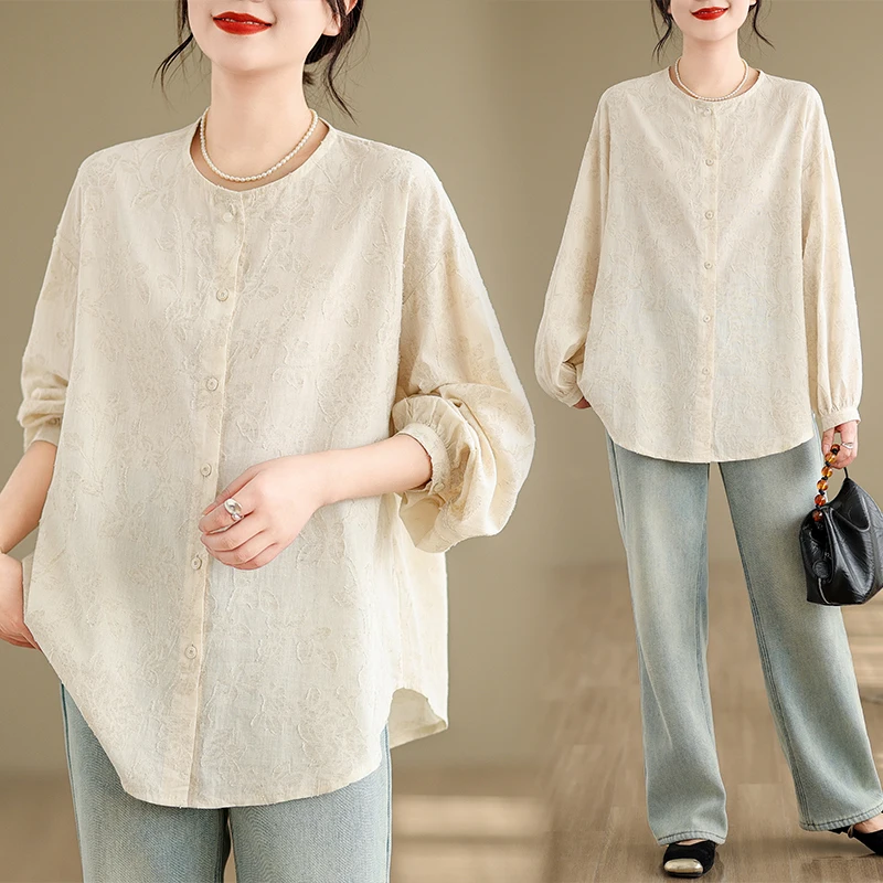 New Spring Summer Fasion Solid Jacquard Long Sleeve Blouse Shirt Button Elegant Office Ladies Women Casual Loose Tops Blusas