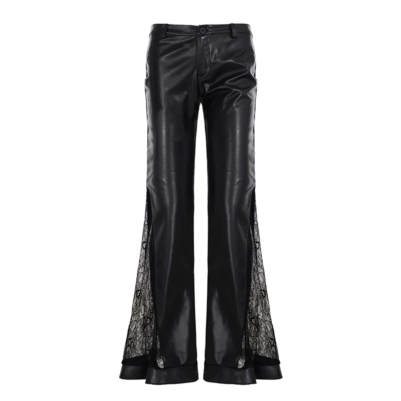 Dark Pu Leather Patchwork Lace Pants Gothic Slim Low-Waisted Flare Pants Women 2025 Autumn Spring Fashion Y2K Streetwear Ladies