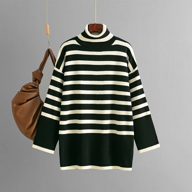 

Полосатый свитер с высоким воротником для женщин, осень-зима 202, свободный дизайн, вязаный пуловер, топ