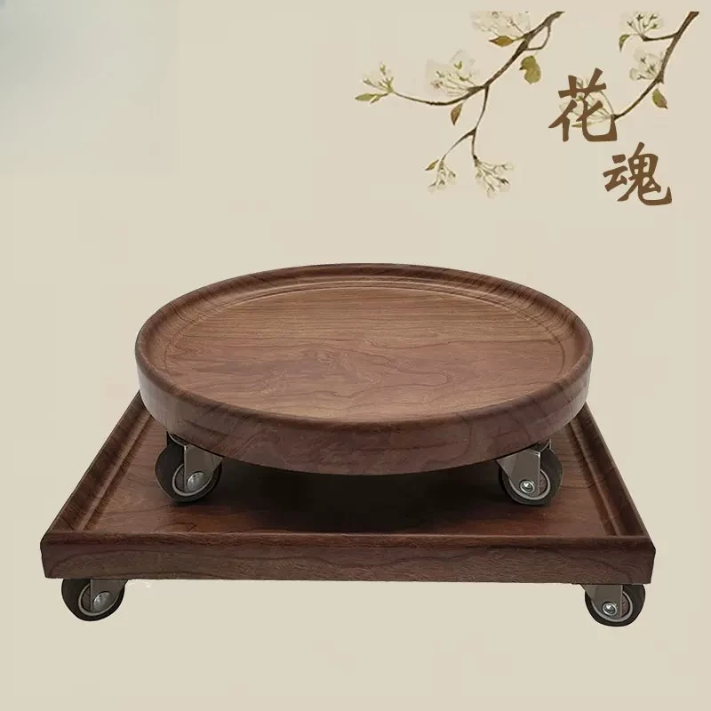 Gardening round imitation solid wood mobile flower pot tray base with universal wheel bonsai