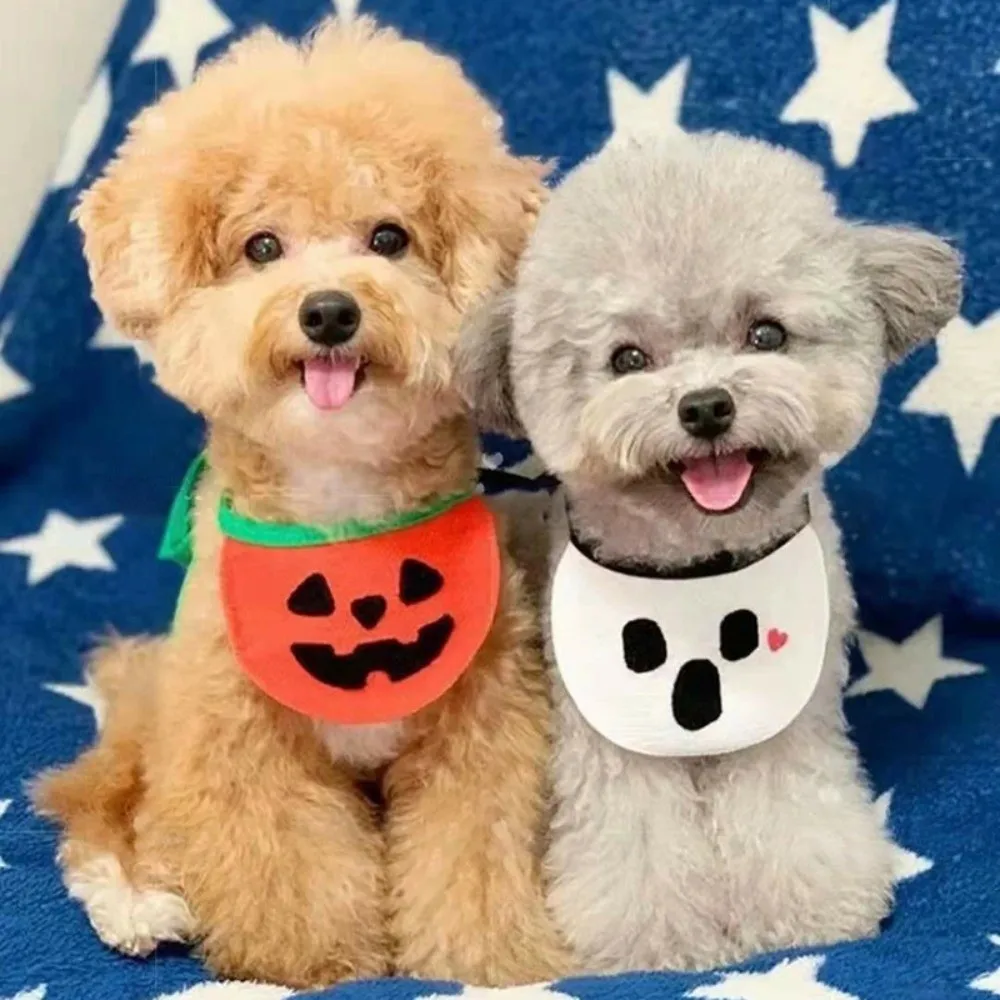

Cute Ghost Halloween Pet Bib Adjustable Comfortable To Wear Pumpkin Dog Scarf Soft Knitted Kitty Saliva Towel Cosplay