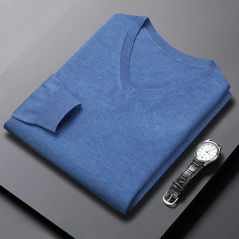 

Sheep Wool Men Basic Sweater Spring Autumn Classic V-Neck Slim Fit Knitwear Long Sleeve Wool Clothes Male Pullover Knit T Shirts