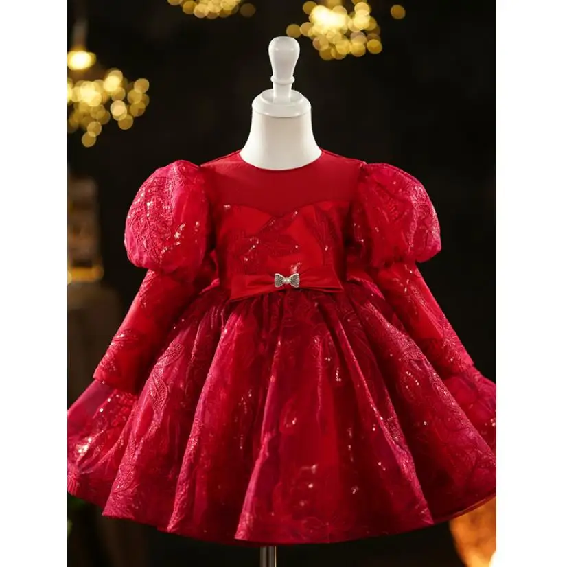 

High-End Children's Catwalk Princess Evening Gown Wedding Birthday Baptism Eid Party Girls Red Dresses A3169