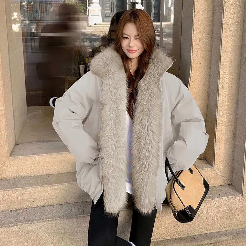 Oversized Faux Fox Fur Collar Jacket 2026 Winter Loose Thick Warm Short Padded Coat Splicing Good-looking Cotton Padded Jacket