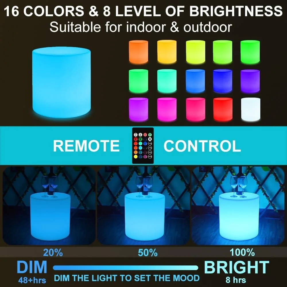 Tamborete de cilindro LED de 16 polegadas, cadeira brilhante LED recarregável com controle remoto, regulável 16 cores RGB mudando versátil assento lateral / mesa LED