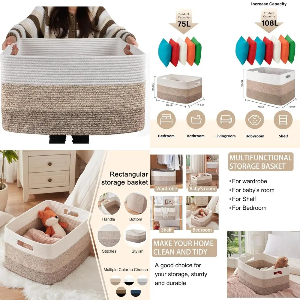 

Большая прямоугольная тканая корзина для хранения, 22x17x12 дюймов, органайзер для детской и гостиной, детское одеяло и держатель для игрушек с переноской