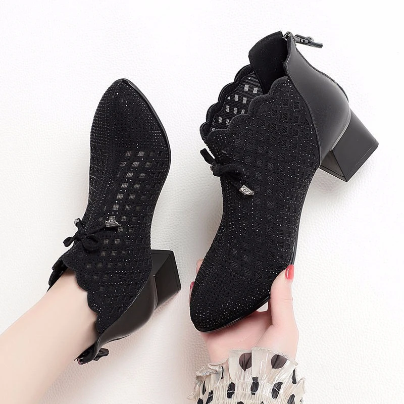 New 2022 Summer Ankle Boots Leather Shoes Women Med High Heel Back Zipper Boots Cutout Breathable Mujer Zapatos Plus Size