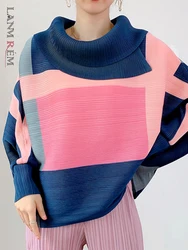 LANMREM 2024 Fashion New Pleated T-shirt For Women Laple Long Sleeves Loose Tops Color Block Female Clothing Spring 2YA771