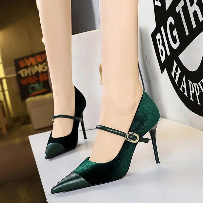 Korean Version Party 10cm 7cm High Heels Women Shoes Thin Heels Velvet Shallow Montage Pointed Toe Metal One-line Buckle Pumps