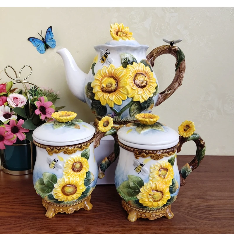 European Hand painted underglaze color Ceramic Teapot Tea Cup Sunflower with strainer household infuser