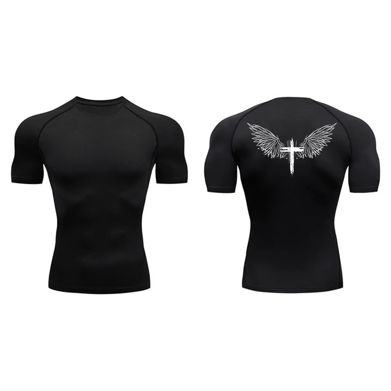 Cross Print Short Sleeve Compression Shirts for Men Athletic Quick Dry Tees Tshirt Gym Workout Running Undershirts Baselayers