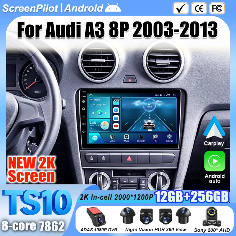 Android 16 For Audi A3 8P 2003-2013 Car Radio Stereo Head Unit  Multimedia Video Player GPS Navigation 2K QLED 9 Inch 8 Core 5G