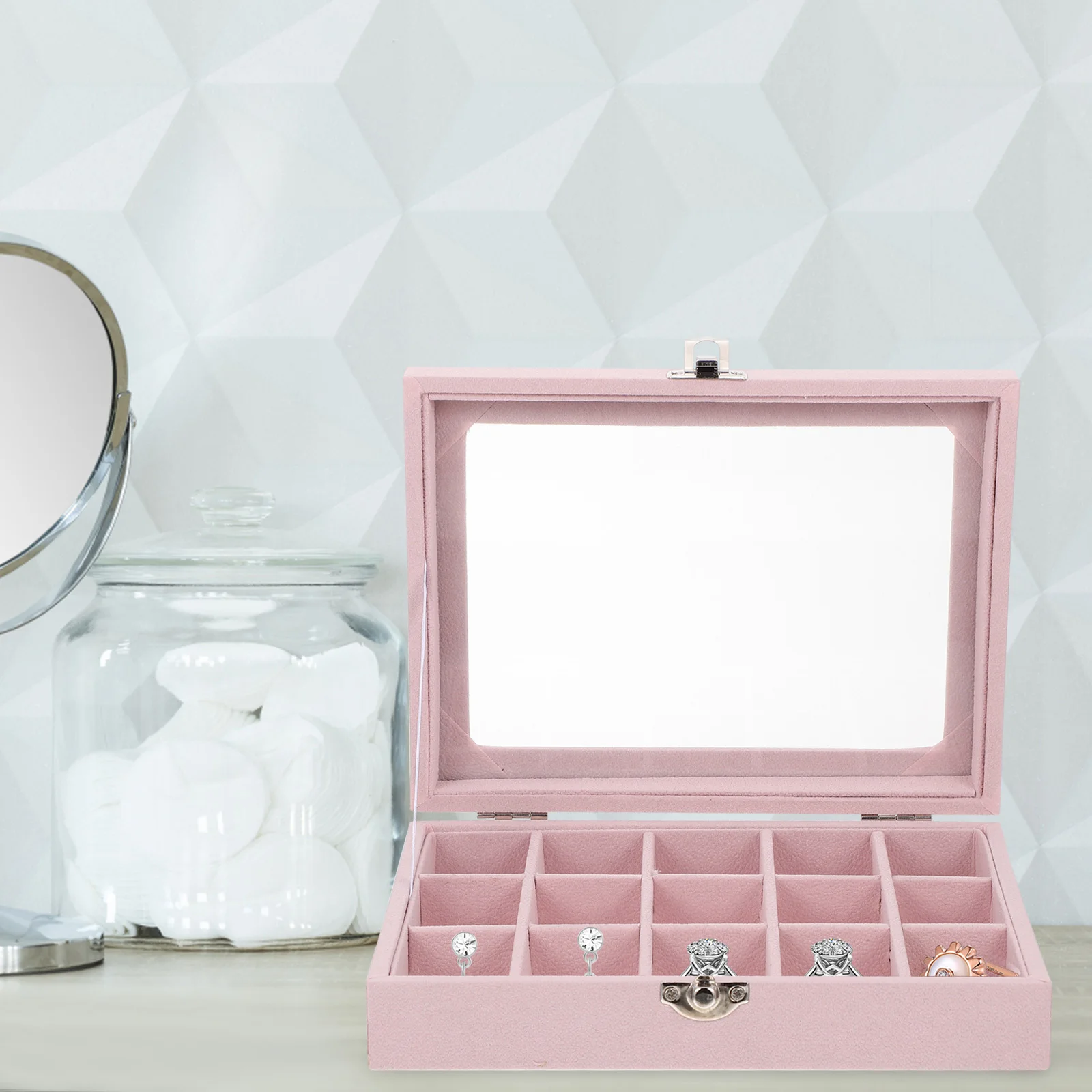 

1pc Display Storage Case Pink Wooden Earring Box Organizer Multi Earring Storage Box Grid Home Decor Travel Accessory