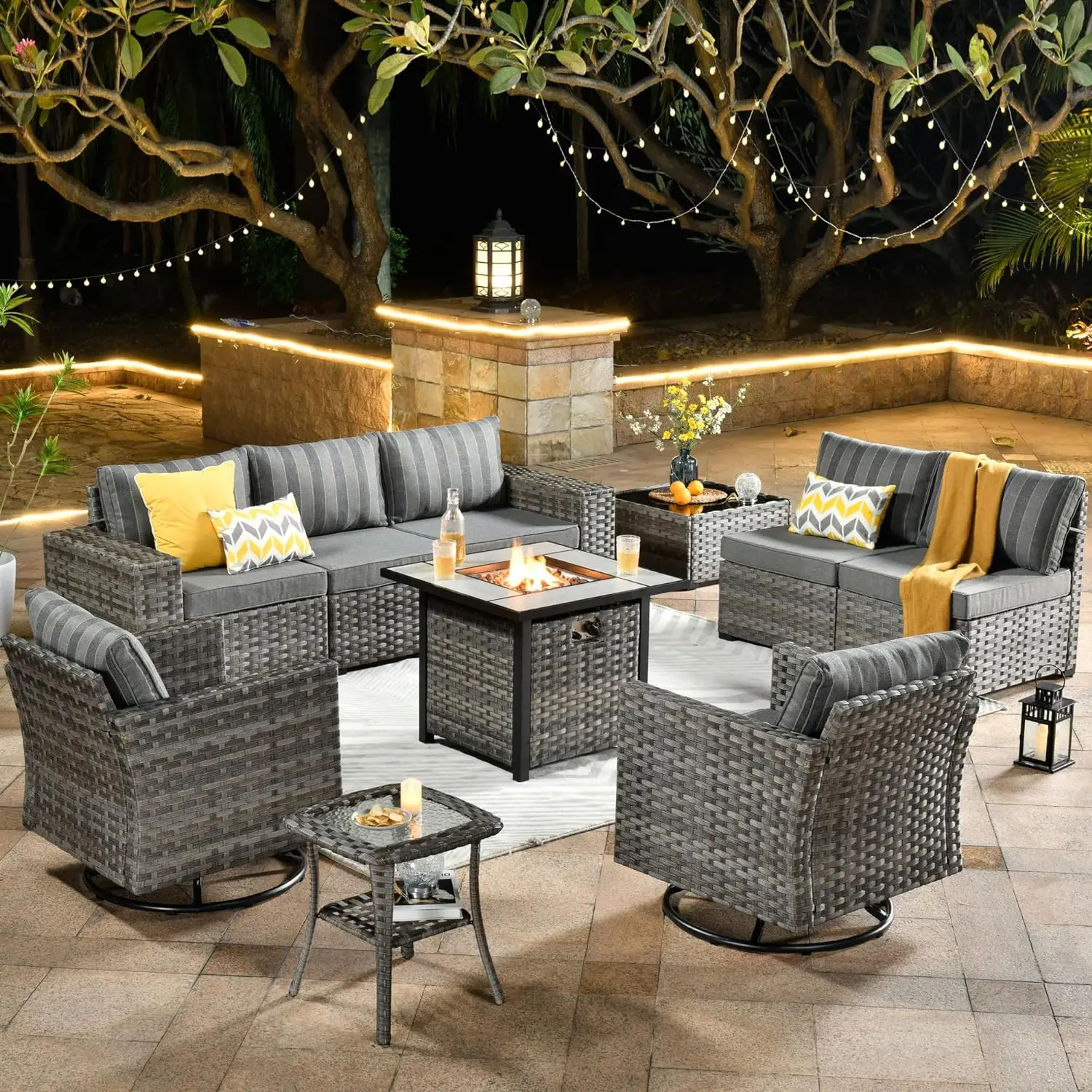 Modular Patio Outdoor Sectional Furniture Set Wicker Conversation Sofa Set,Out Door Couch Set (Grey Stripes/ Navy Blue)