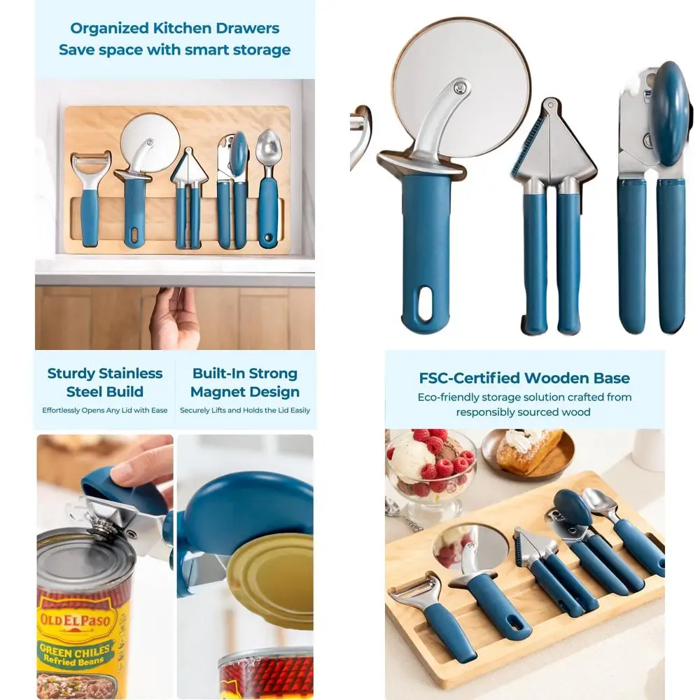 

5-Piece Zinc Alloy Kitchen Tool Set with TPE Handles: Can Opener, Pizza Cutter, Garlic Press, Ice Cream Scoop, Peeler, Wooden Tr