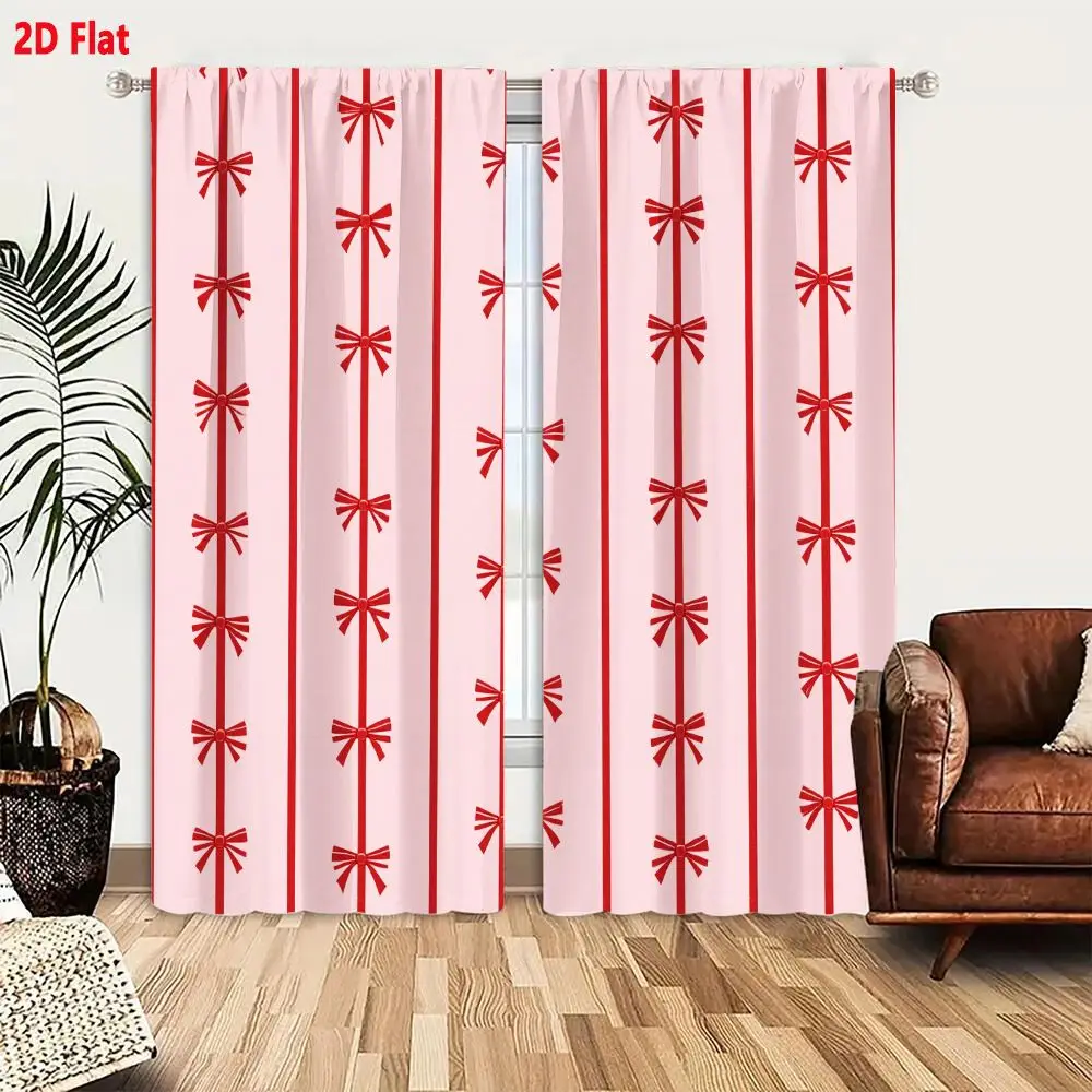 2Pcs Curtains 2D Flat Seamless Pattern With Vertical Red Stripes And Dark Red Bows On Light Pink Background Window Drapes for Be