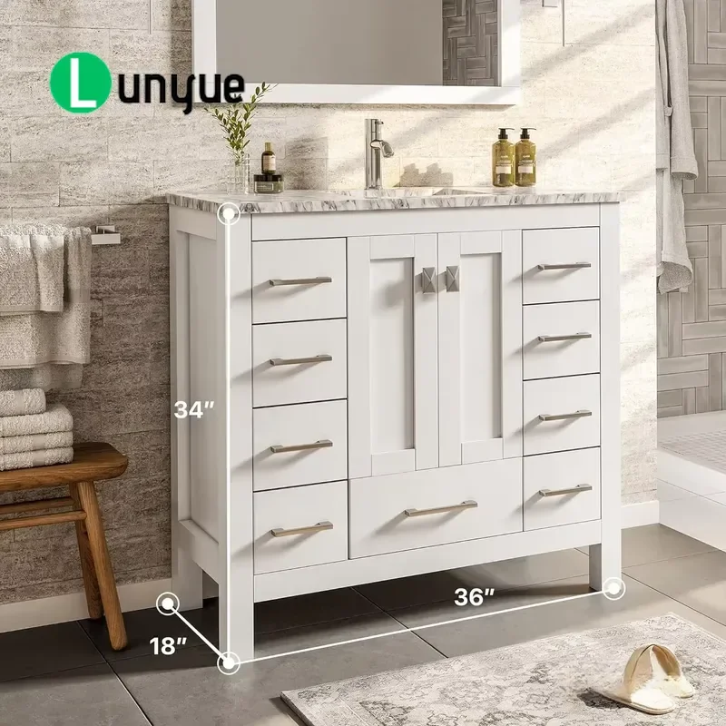36 Inch White Freestanding Bathroom Vanity with Sink Top Cabinet Combo Functional Storage for Modern Bathrooms