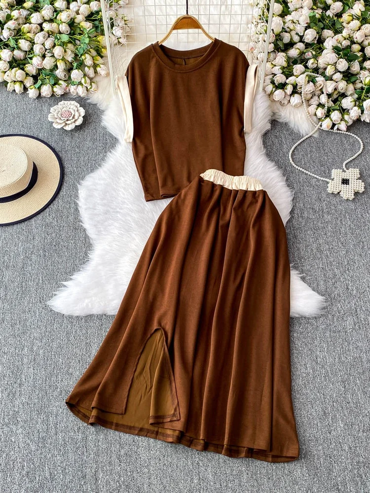 

Summer 2025 Casual Loose Color Blo round Ne ort Sve T irt High Waist Slimming Split f Skirt Two Piece Set Women...
